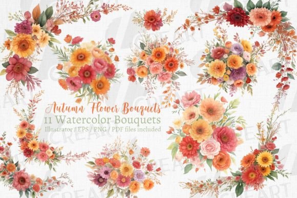 Autumn Color Watercolor Bouquets